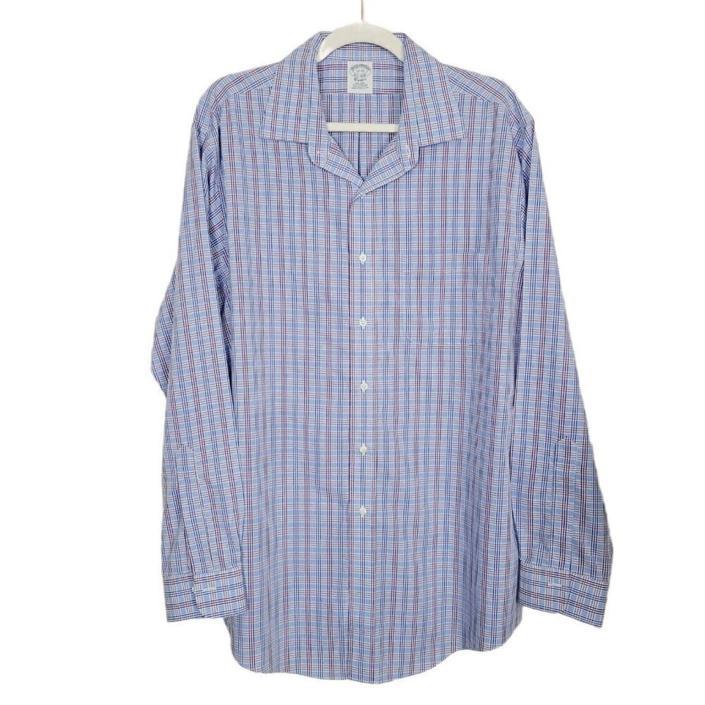 Brooks Brothers Size 17-35 Classic Fit Button Down Shirt Blue Plaid 100% Pima